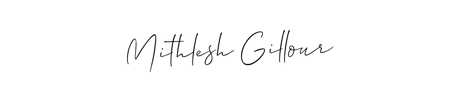 Allison_Script is a professional signature style that is perfect for those who want to add a touch of class to their signature. It is also a great choice for those who want to make their signature more unique. Get Mithlesh Gillour name to fancy signature for free. Mithlesh Gillour signature style 2 images and pictures png