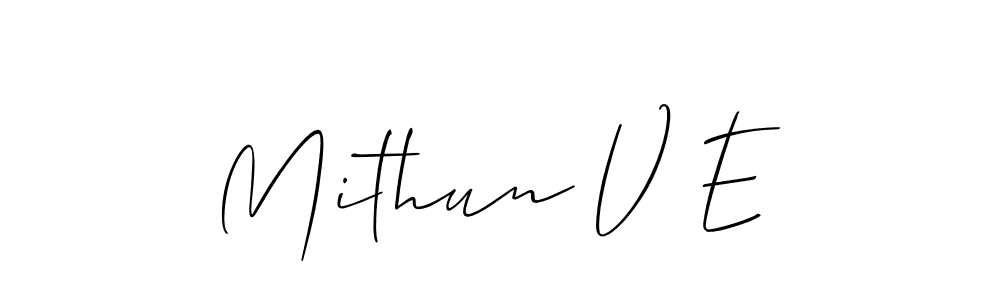 The best way (Allison_Script) to make a short signature is to pick only two or three words in your name. The name Mithun V E include a total of six letters. For converting this name. Mithun V E signature style 2 images and pictures png