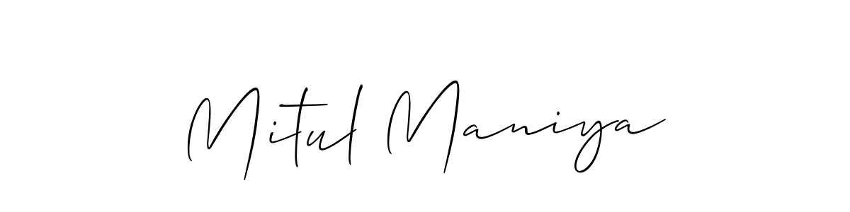 Allison_Script is a professional signature style that is perfect for those who want to add a touch of class to their signature. It is also a great choice for those who want to make their signature more unique. Get Mitul Maniya name to fancy signature for free. Mitul Maniya signature style 2 images and pictures png