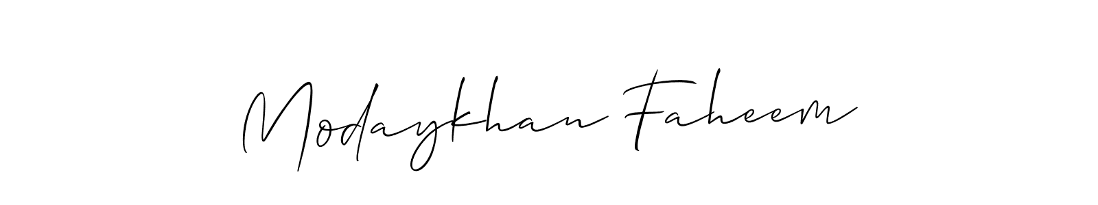 The best way (Allison_Script) to make a short signature is to pick only two or three words in your name. The name Modaykhan Faheem include a total of six letters. For converting this name. Modaykhan Faheem signature style 2 images and pictures png