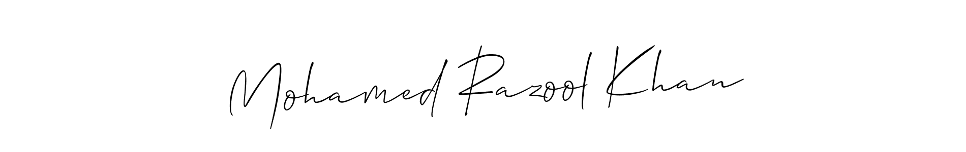 Make a short Mohamed Razool Khan signature style. Manage your documents anywhere anytime using Allison_Script. Create and add eSignatures, submit forms, share and send files easily. Mohamed Razool Khan signature style 2 images and pictures png