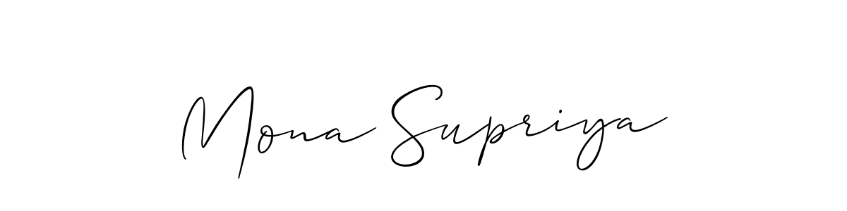 The best way (Allison_Script) to make a short signature is to pick only two or three words in your name. The name Mona Supriya include a total of six letters. For converting this name. Mona Supriya signature style 2 images and pictures png