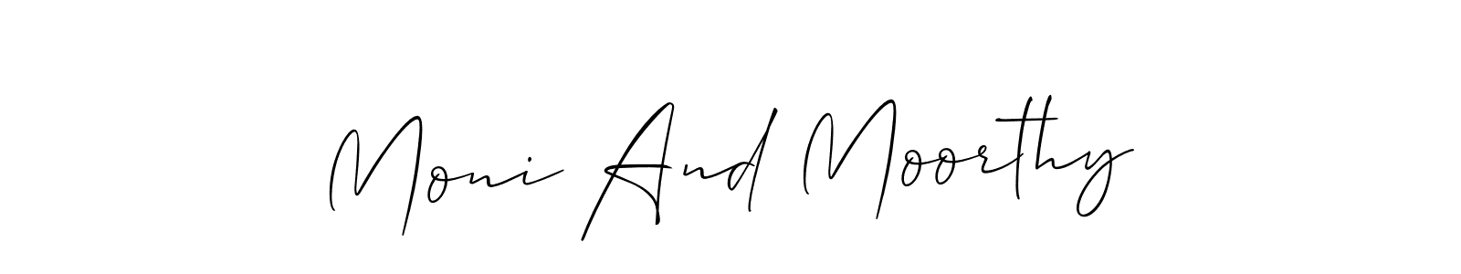 The best way (Allison_Script) to make a short signature is to pick only two or three words in your name. The name Moni And Moorthy include a total of six letters. For converting this name. Moni And Moorthy signature style 2 images and pictures png