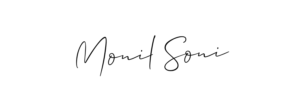 Make a beautiful signature design for name Monil Soni. With this signature (Allison_Script) style, you can create a handwritten signature for free. Monil Soni signature style 2 images and pictures png