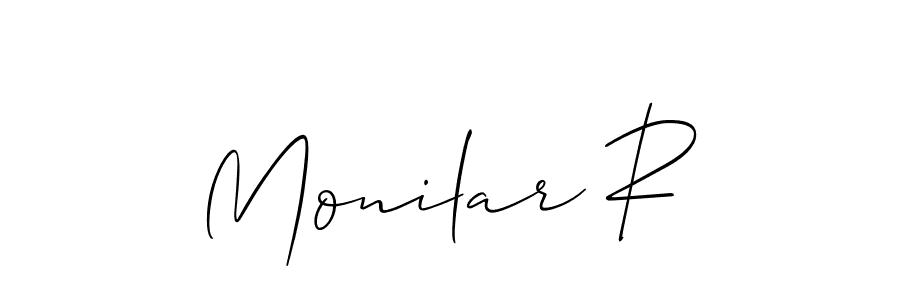 The best way (Allison_Script) to make a short signature is to pick only two or three words in your name. The name Monilar R include a total of six letters. For converting this name. Monilar R signature style 2 images and pictures png