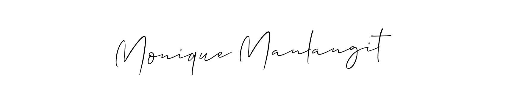 Make a short Monique Manlangit signature style. Manage your documents anywhere anytime using Allison_Script. Create and add eSignatures, submit forms, share and send files easily. Monique Manlangit signature style 2 images and pictures png