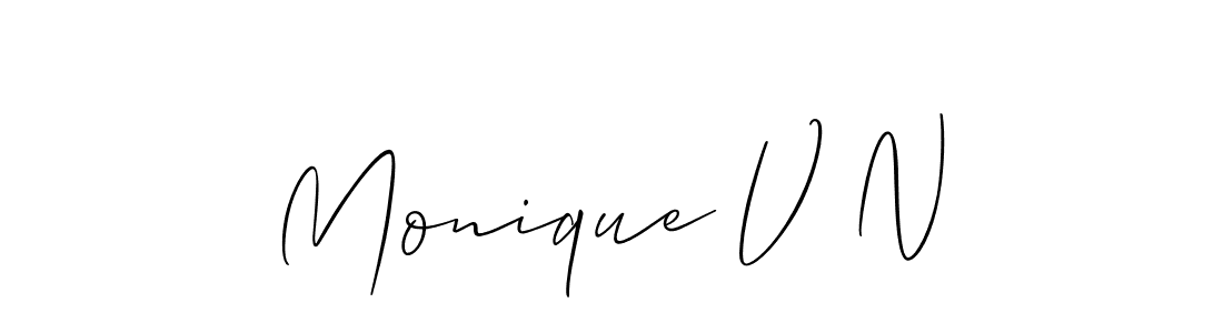 The best way (Allison_Script) to make a short signature is to pick only two or three words in your name. The name Monique V N include a total of six letters. For converting this name. Monique V N signature style 2 images and pictures png