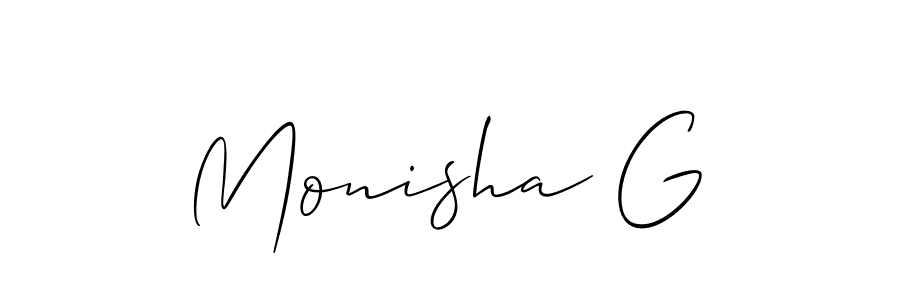 Create a beautiful signature design for name Monisha G. With this signature (Allison_Script) fonts, you can make a handwritten signature for free. Monisha G signature style 2 images and pictures png