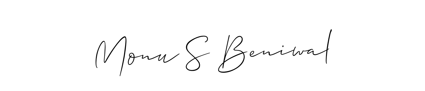 The best way (Allison_Script) to make a short signature is to pick only two or three words in your name. The name Monu S Beniwal include a total of six letters. For converting this name. Monu S Beniwal signature style 2 images and pictures png