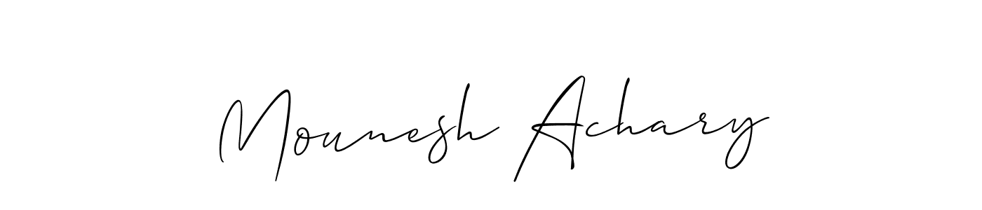 The best way (Allison_Script) to make a short signature is to pick only two or three words in your name. The name Mounesh Achary include a total of six letters. For converting this name. Mounesh Achary signature style 2 images and pictures png