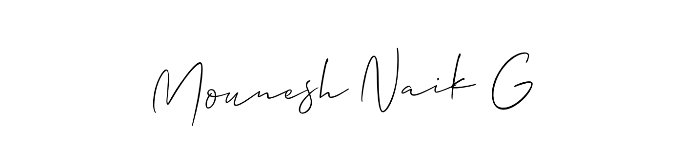 The best way (Allison_Script) to make a short signature is to pick only two or three words in your name. The name Mounesh Naik G include a total of six letters. For converting this name. Mounesh Naik G signature style 2 images and pictures png