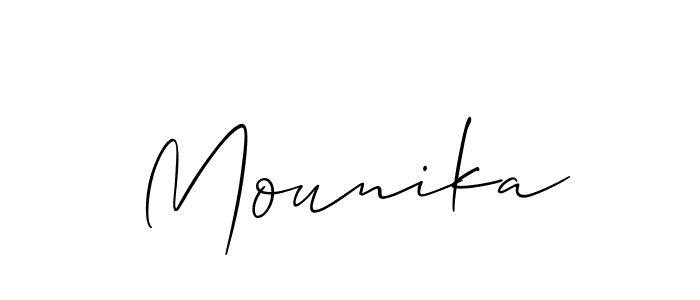 Create a beautiful signature design for name Mounika. With this signature (Allison_Script) fonts, you can make a handwritten signature for free. Mounika signature style 2 images and pictures png