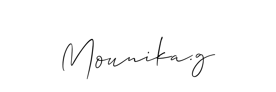 Design your own signature with our free online signature maker. With this signature software, you can create a handwritten (Allison_Script) signature for name Mounika.g. Mounika.g signature style 2 images and pictures png