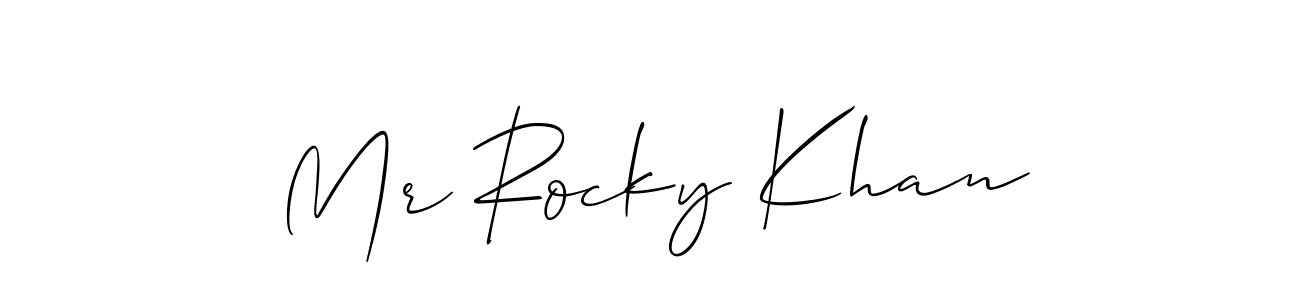 The best way (Allison_Script) to make a short signature is to pick only two or three words in your name. The name Mr Rocky Khan include a total of six letters. For converting this name. Mr Rocky Khan signature style 2 images and pictures png