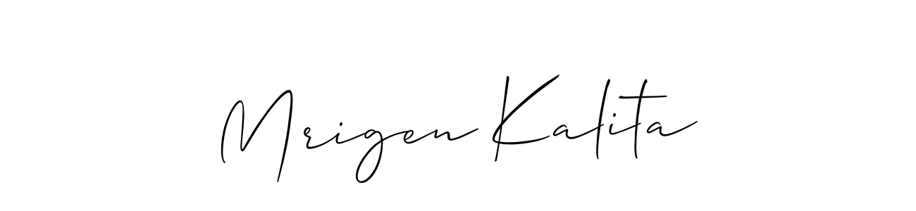 How to make Mrigen Kalita name signature. Use Allison_Script style for creating short signs online. This is the latest handwritten sign. Mrigen Kalita signature style 2 images and pictures png