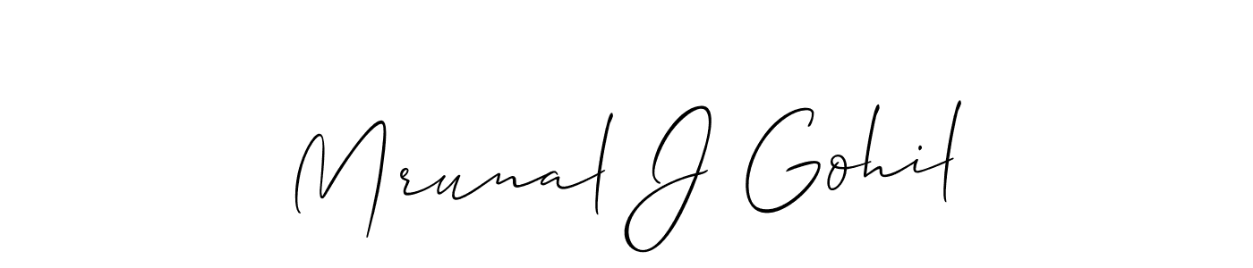 if you are searching for the best signature style for your name Mrunal J Gohil. so please give up your signature search. here we have designed multiple signature styles  using Allison_Script. Mrunal J Gohil signature style 2 images and pictures png