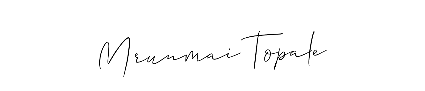 The best way (Allison_Script) to make a short signature is to pick only two or three words in your name. The name Mrunmai Topale include a total of six letters. For converting this name. Mrunmai Topale signature style 2 images and pictures png