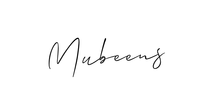 The best way (Allison_Script) to make a short signature is to pick only two or three words in your name. The name Mubeens include a total of six letters. For converting this name. Mubeens signature style 2 images and pictures png
