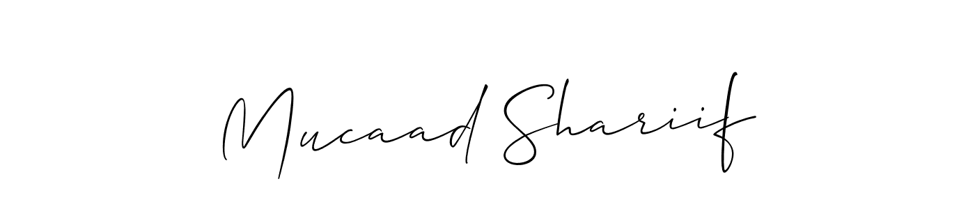 Create a beautiful signature design for name Mucaad Shariif. With this signature (Allison_Script) fonts, you can make a handwritten signature for free. Mucaad Shariif signature style 2 images and pictures png