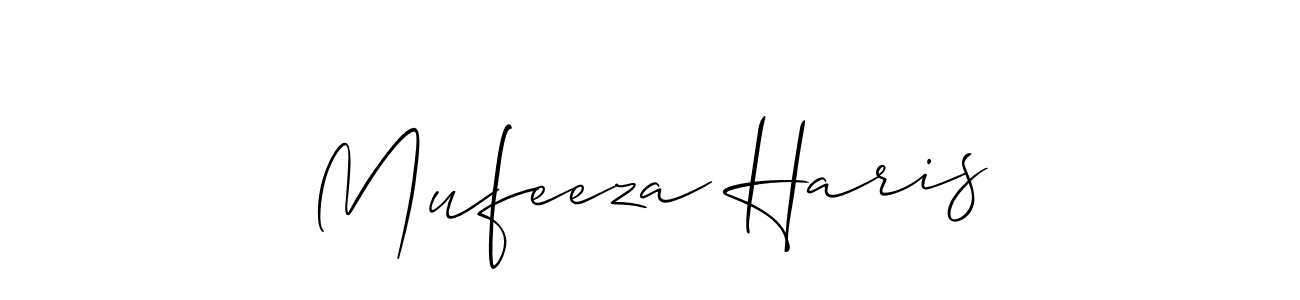 Also You can easily find your signature by using the search form. We will create Mufeeza Haris name handwritten signature images for you free of cost using Allison_Script sign style. Mufeeza Haris signature style 2 images and pictures png