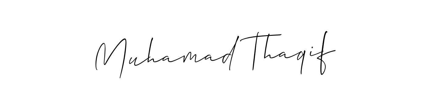 The best way (Allison_Script) to make a short signature is to pick only two or three words in your name. The name Muhamad Thaqif include a total of six letters. For converting this name. Muhamad Thaqif signature style 2 images and pictures png
