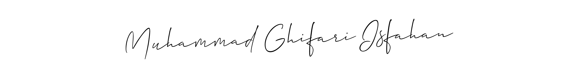 Allison_Script is a professional signature style that is perfect for those who want to add a touch of class to their signature. It is also a great choice for those who want to make their signature more unique. Get Muhammad Ghifari Isfahan name to fancy signature for free. Muhammad Ghifari Isfahan signature style 2 images and pictures png