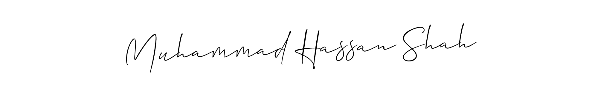 The best way (Allison_Script) to make a short signature is to pick only two or three words in your name. The name Muhammad Hassan Shah include a total of six letters. For converting this name. Muhammad Hassan Shah signature style 2 images and pictures png
