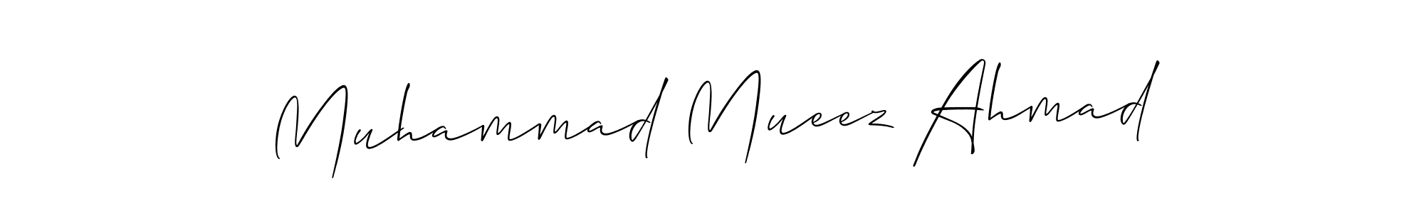 The best way (Allison_Script) to make a short signature is to pick only two or three words in your name. The name Muhammad Mueez Ahmad include a total of six letters. For converting this name. Muhammad Mueez Ahmad signature style 2 images and pictures png