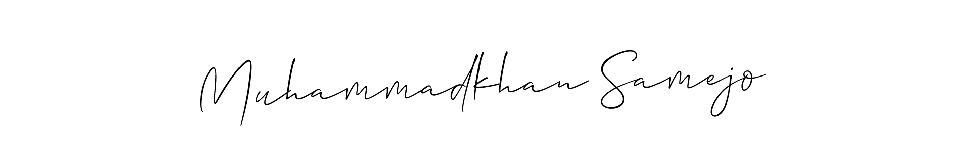 The best way (Allison_Script) to make a short signature is to pick only two or three words in your name. The name Muhammadkhan Samejo include a total of six letters. For converting this name. Muhammadkhan Samejo signature style 2 images and pictures png