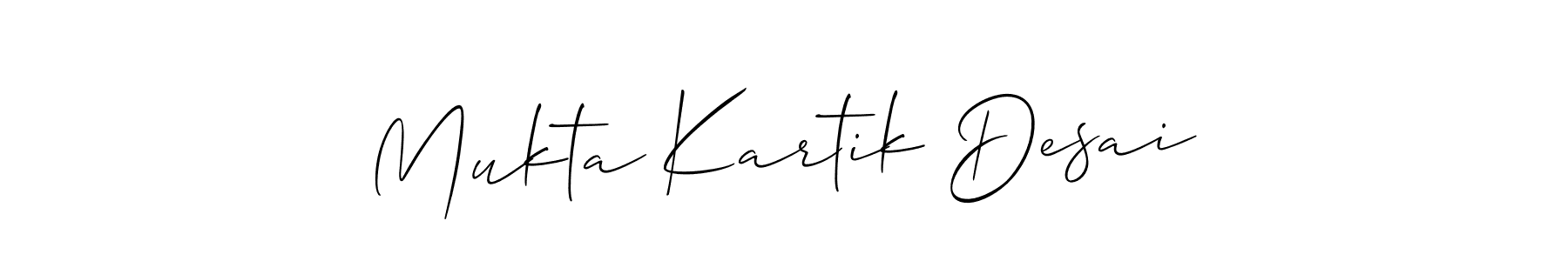 The best way (Allison_Script) to make a short signature is to pick only two or three words in your name. The name Mukta Kartik Desai include a total of six letters. For converting this name. Mukta Kartik Desai signature style 2 images and pictures png