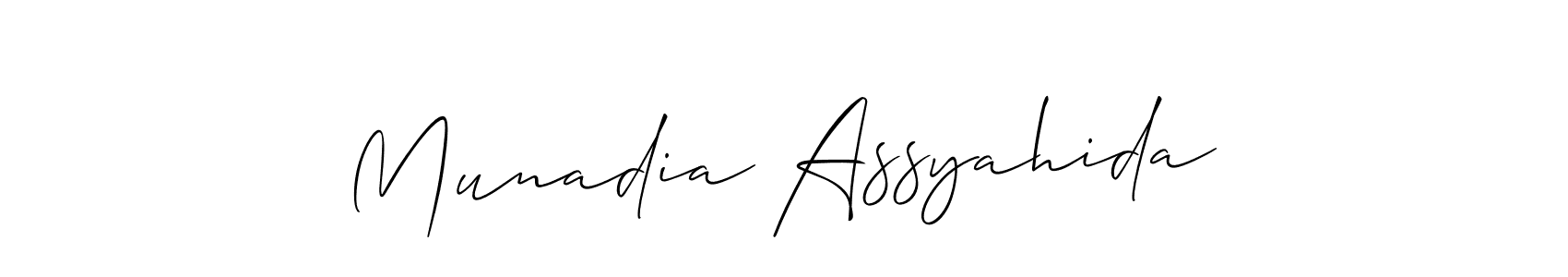 Also You can easily find your signature by using the search form. We will create Munadia Assyahida name handwritten signature images for you free of cost using Allison_Script sign style. Munadia Assyahida signature style 2 images and pictures png