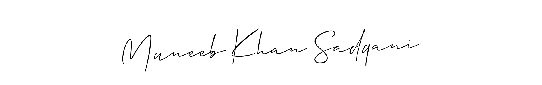 Allison_Script is a professional signature style that is perfect for those who want to add a touch of class to their signature. It is also a great choice for those who want to make their signature more unique. Get Muneeb Khan Sadqani name to fancy signature for free. Muneeb Khan Sadqani signature style 2 images and pictures png