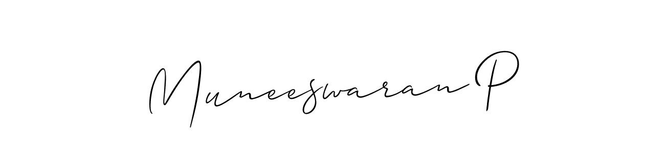 Use a signature maker to create a handwritten signature online. With this signature software, you can design (Allison_Script) your own signature for name Muneeswaran P. Muneeswaran P signature style 2 images and pictures png