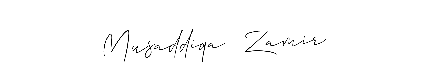 Also You can easily find your signature by using the search form. We will create Musaddiqa   Zamir name handwritten signature images for you free of cost using Allison_Script sign style. Musaddiqa   Zamir signature style 2 images and pictures png