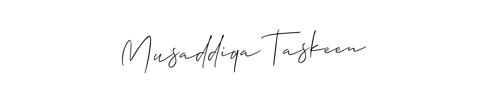 The best way (Allison_Script) to make a short signature is to pick only two or three words in your name. The name Musaddiqa Taskeen include a total of six letters. For converting this name. Musaddiqa Taskeen signature style 2 images and pictures png