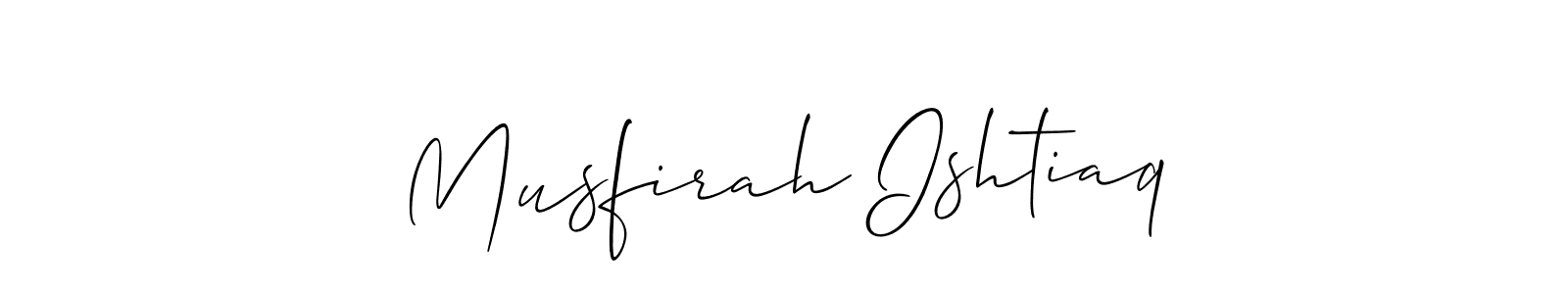 The best way (Allison_Script) to make a short signature is to pick only two or three words in your name. The name Musfirah Ishtiaq include a total of six letters. For converting this name. Musfirah Ishtiaq signature style 2 images and pictures png