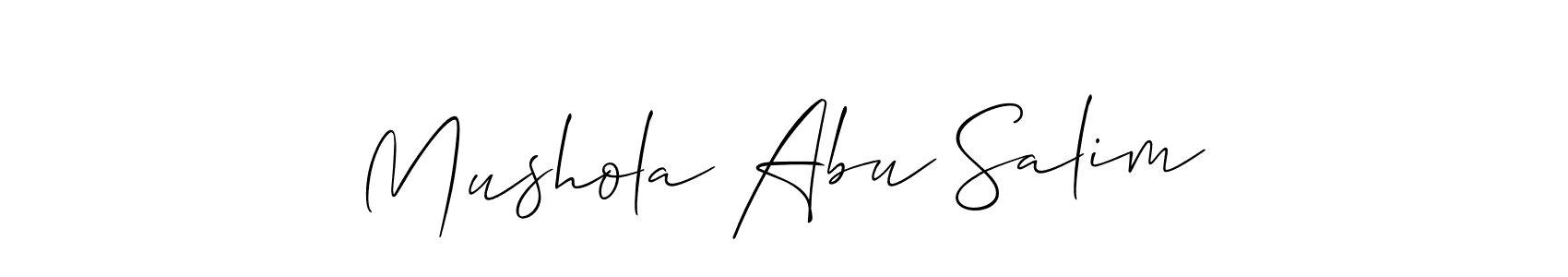 if you are searching for the best signature style for your name Mushola Abu Salim. so please give up your signature search. here we have designed multiple signature styles  using Allison_Script. Mushola Abu Salim signature style 2 images and pictures png