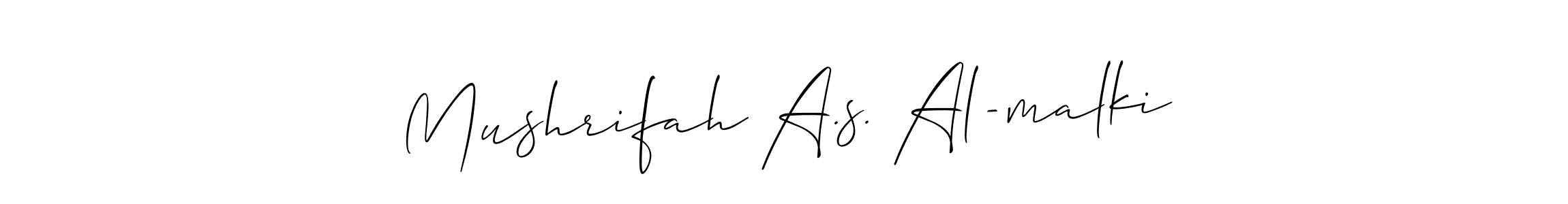 The best way (Allison_Script) to make a short signature is to pick only two or three words in your name. The name Mushrifah A.s. Al-malki include a total of six letters. For converting this name. Mushrifah A.s. Al-malki signature style 2 images and pictures png
