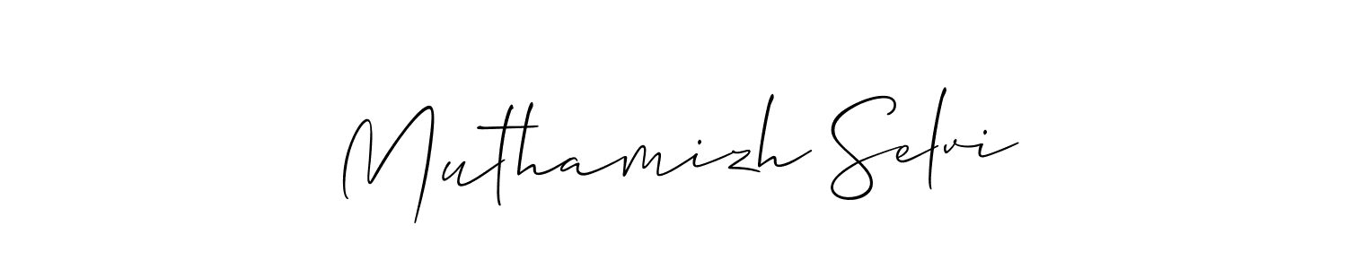 You should practise on your own different ways (Allison_Script) to write your name (Muthamizh Selvi) in signature. don't let someone else do it for you. Muthamizh Selvi signature style 2 images and pictures png