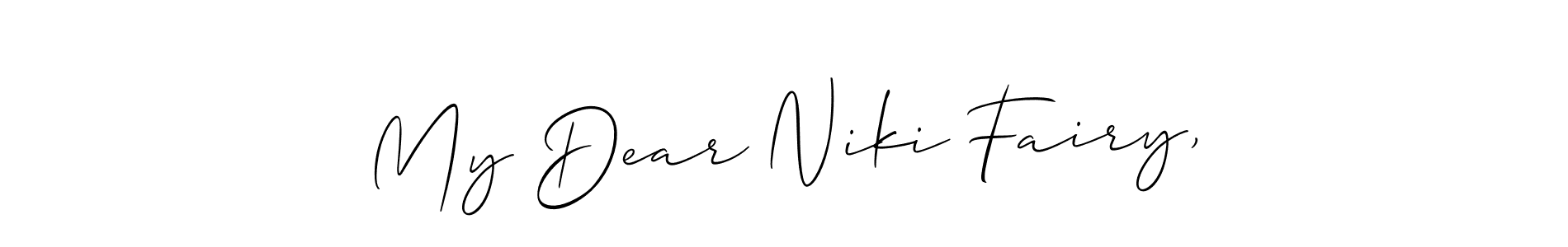 The best way (Allison_Script) to make a short signature is to pick only two or three words in your name. The name My Dear Niki Fairy, include a total of six letters. For converting this name. My Dear Niki Fairy, signature style 2 images and pictures png