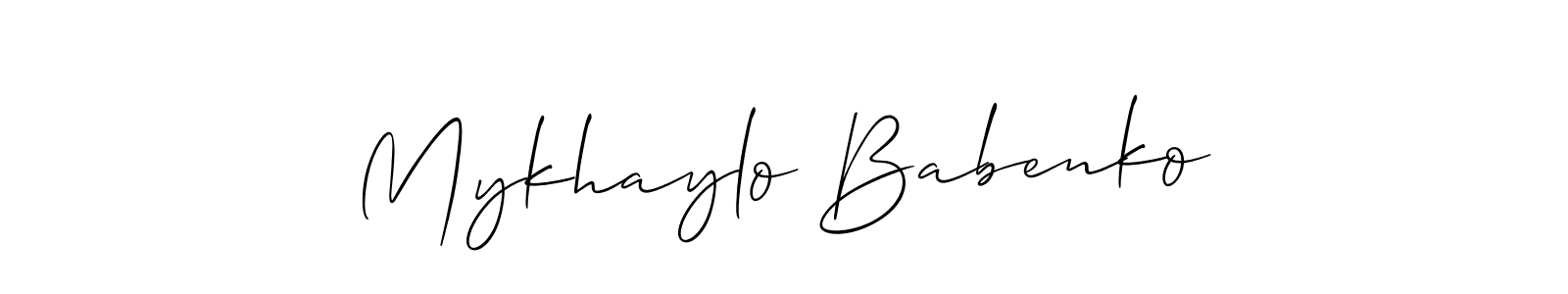 This is the best signature style for the Mykhaylo Babenko name. Also you like these signature font (Allison_Script). Mix name signature. Mykhaylo Babenko signature style 2 images and pictures png