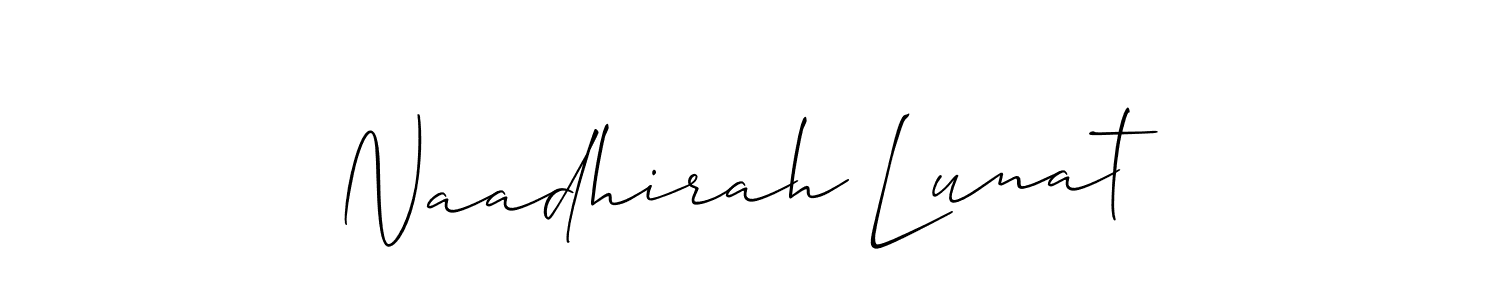 Allison_Script is a professional signature style that is perfect for those who want to add a touch of class to their signature. It is also a great choice for those who want to make their signature more unique. Get Naadhirah Lunat name to fancy signature for free. Naadhirah Lunat signature style 2 images and pictures png