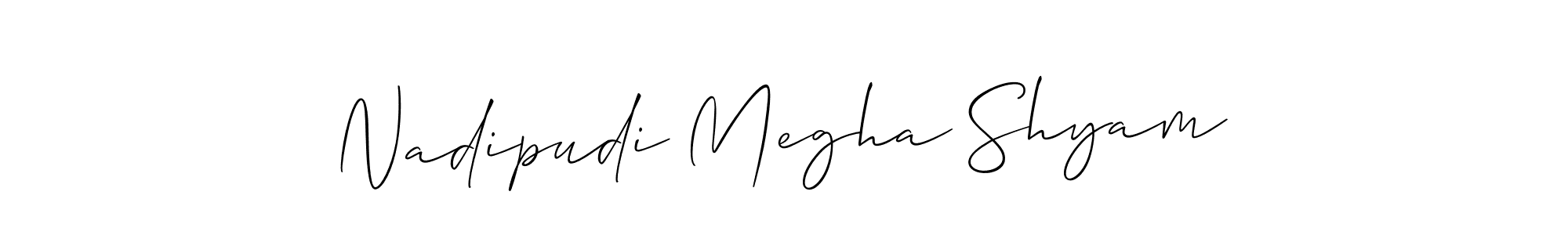 The best way (Allison_Script) to make a short signature is to pick only two or three words in your name. The name Nadipudi Megha Shyam include a total of six letters. For converting this name. Nadipudi Megha Shyam signature style 2 images and pictures png