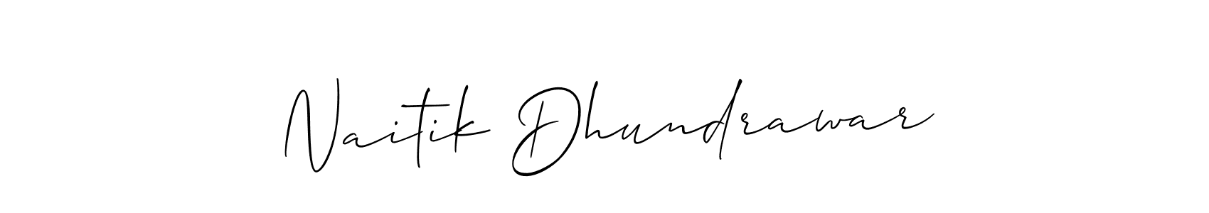 The best way (Allison_Script) to make a short signature is to pick only two or three words in your name. The name Naitik Dhundrawar include a total of six letters. For converting this name. Naitik Dhundrawar signature style 2 images and pictures png