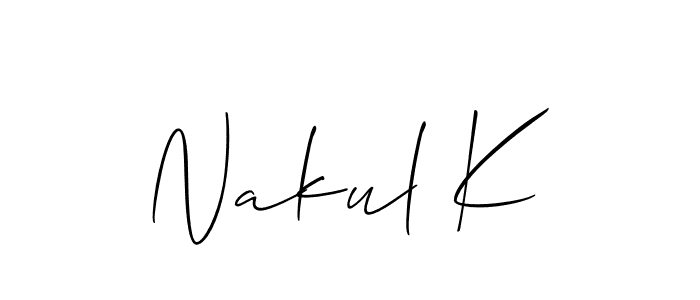 Allison_Script is a professional signature style that is perfect for those who want to add a touch of class to their signature. It is also a great choice for those who want to make their signature more unique. Get Nakul K name to fancy signature for free. Nakul K signature style 2 images and pictures png