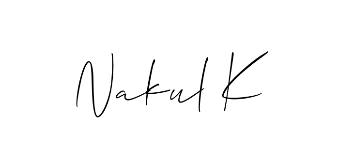 It looks lik you need a new signature style for name Nakul K. Design unique handwritten (Allison_Script) signature with our free signature maker in just a few clicks. Nakul K signature style 2 images and pictures png