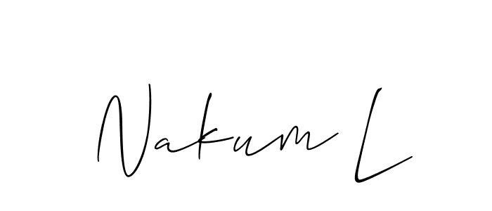 if you are searching for the best signature style for your name Nakum L. so please give up your signature search. here we have designed multiple signature styles  using Allison_Script. Nakum L signature style 2 images and pictures png