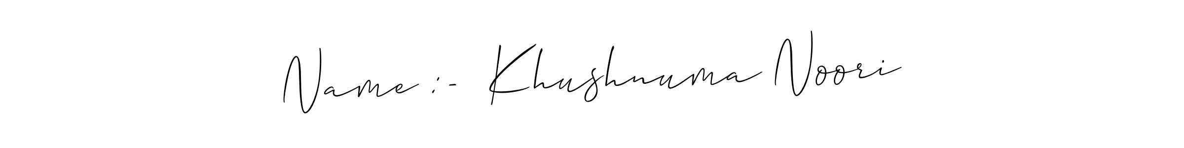 Use a signature maker to create a handwritten signature online. With this signature software, you can design (Allison_Script) your own signature for name Name :-  Khushnuma Noori. Name :-  Khushnuma Noori signature style 2 images and pictures png