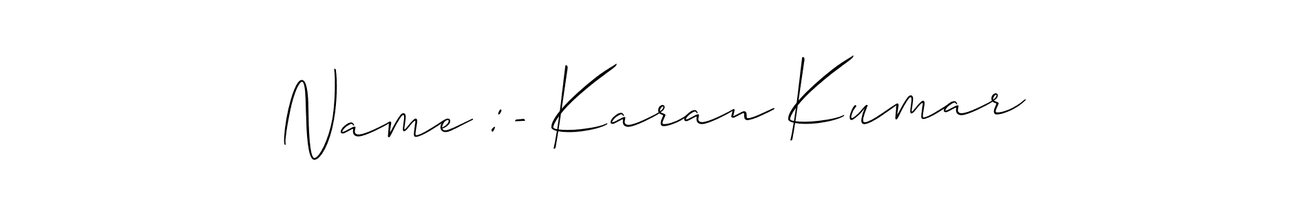 Use a signature maker to create a handwritten signature online. With this signature software, you can design (Allison_Script) your own signature for name Name :- Karan Kumar. Name :- Karan Kumar signature style 2 images and pictures png