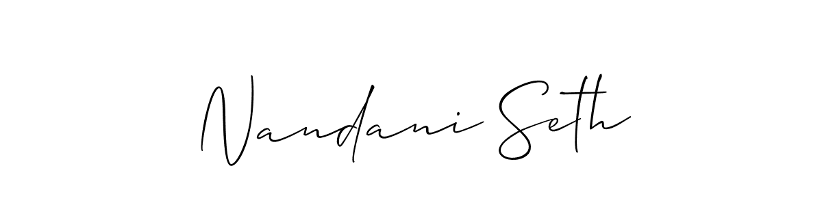 The best way (Allison_Script) to make a short signature is to pick only two or three words in your name. The name Nandani Seth include a total of six letters. For converting this name. Nandani Seth signature style 2 images and pictures png